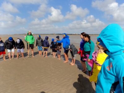 a group of people standing on the beach