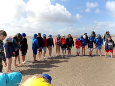 a group of people standing on a beach
