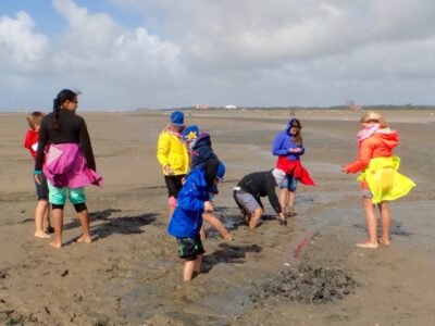 a group of people on a beach
