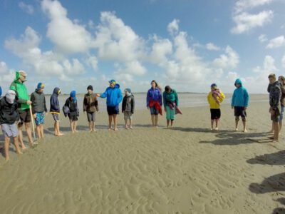 a group of people standing on a beach