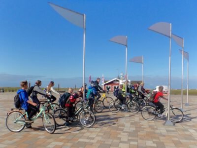 a group of people riding bicycles
