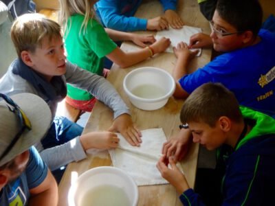 a group of kids sitting at a table