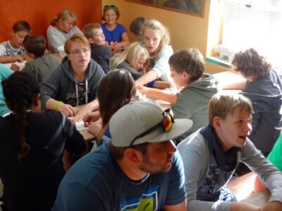 a group of people sitting at tables