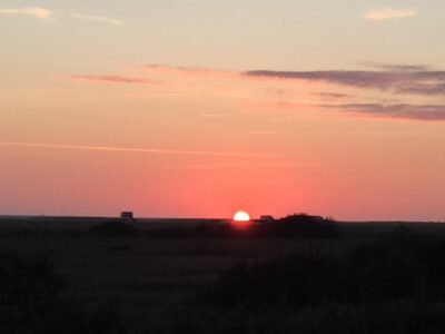a sunset over a field