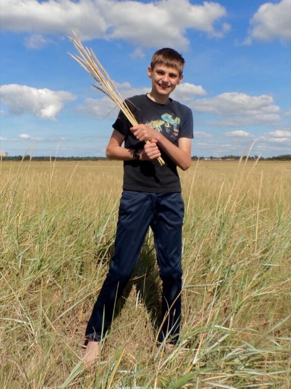 a boy holding a bunch of wheat