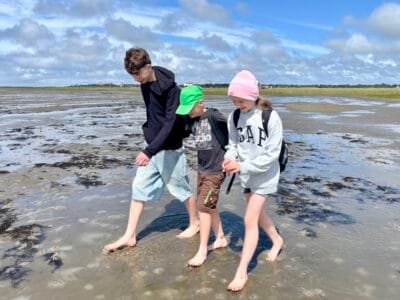 Familie spaziert am Strand entlang.
