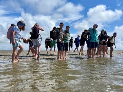 Kinder spielen am Strand im Wasser.