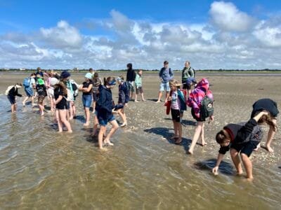 Kinder spielen am Strand im Wasser.