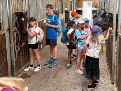 Kinder besuchen einen Pferdestall.