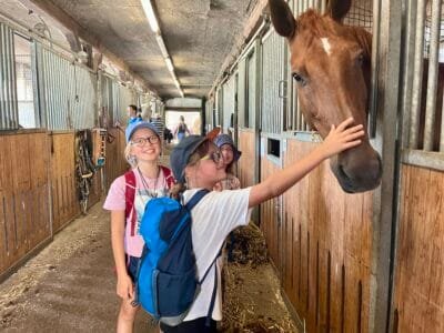 Kinder streicheln ein Pferd im Stall
